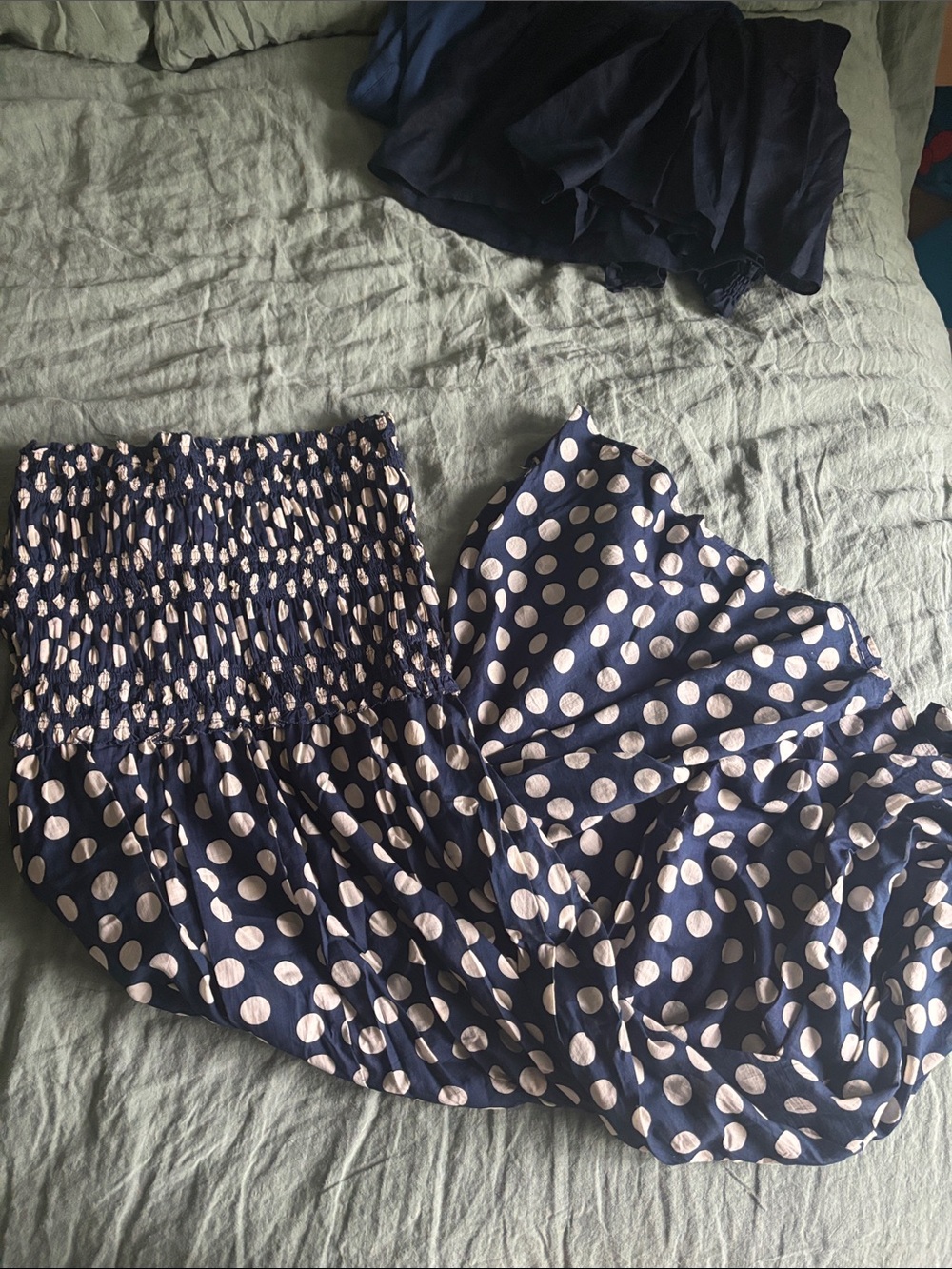 J. Crew Navy and White Polka Dot smocked maxi dress